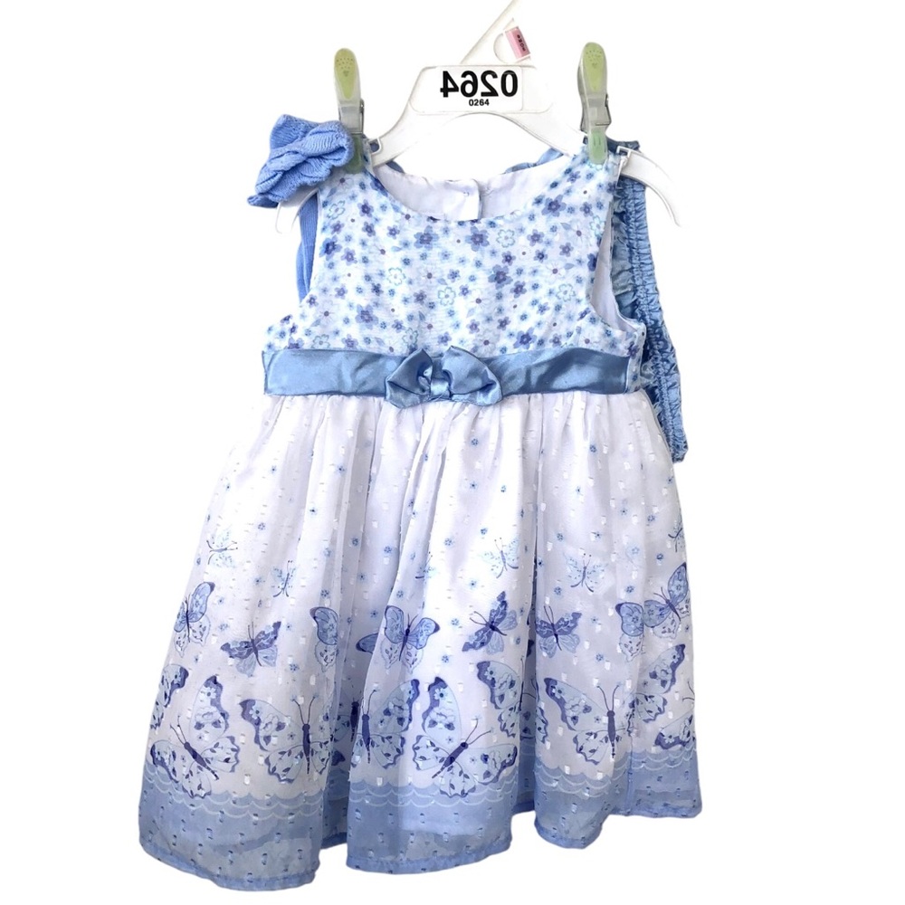 (264) Baby Blue & White Floral Butterfly Lined Chiffon Dress Set